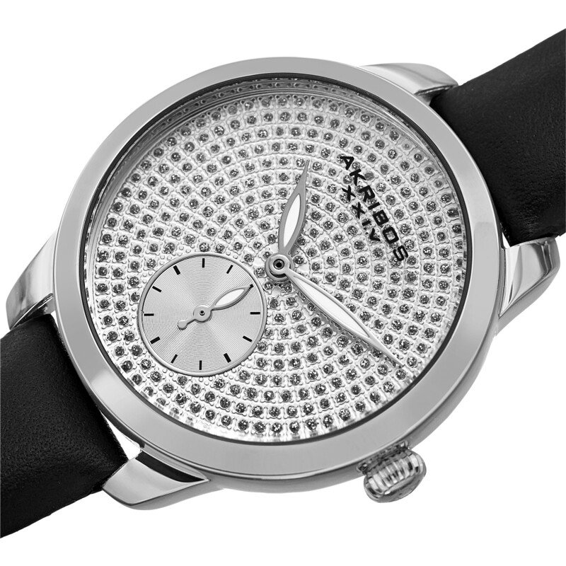 Akribos XXIV Ion Plated Silver Tone Case, Silver Glitter Dots on the Dial, Black Strap
