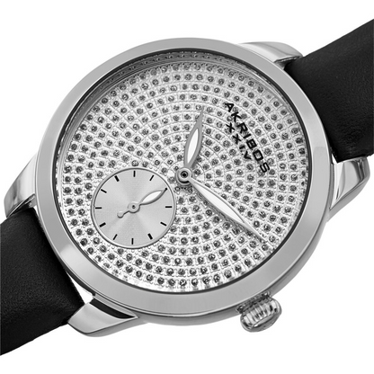 Akribos XXIV Ion Plated Silver Tone Case, Silver Glitter Dots on the Dial, Black Strap