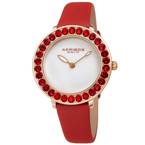 Akribos XXIV Ion Plated Rose Gold Tone Case, Ombre Red Swarovski Crystals, White Mother-Of-Pearl Dial, on a Red Satin Strap