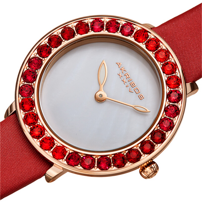 Akribos XXIV Ion Plated Rose Gold Tone Case, Ombre Red Swarovski Crystals, White Mother-Of-Pearl Dial, on a Red Satin Strap