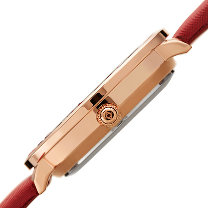 Akribos XXIV Ion Plated Rose Gold Tone Case, Ombre Red Swarovski Crystals, White Mother-Of-Pearl Dial, on a Red Satin Strap