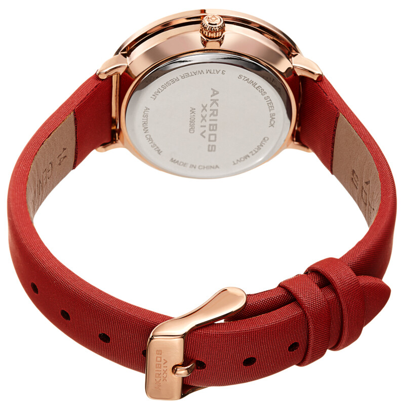 Akribos XXIV Ion Plated Rose Gold Tone Case, Ombre Red Swarovski Crystals, White Mother-Of-Pearl Dial, on a Red Satin Strap