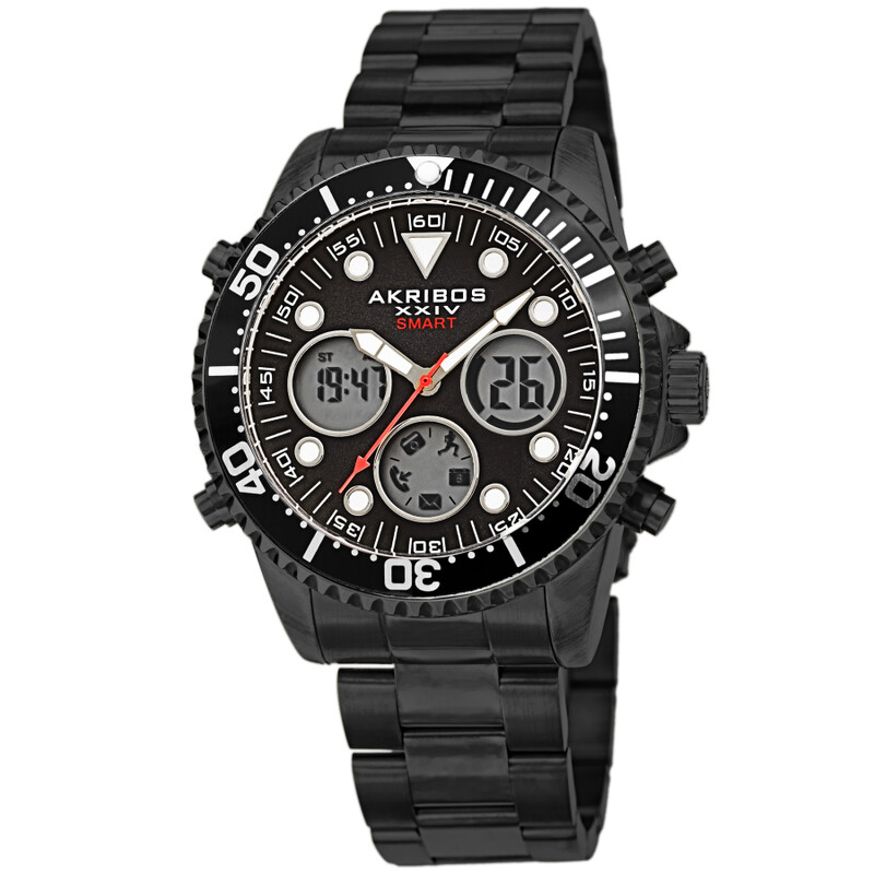 Akribos XXIV Ion Plated Black SMART Diver Watch, with Black Bezel, on a Stainless Steel Black Bracelet