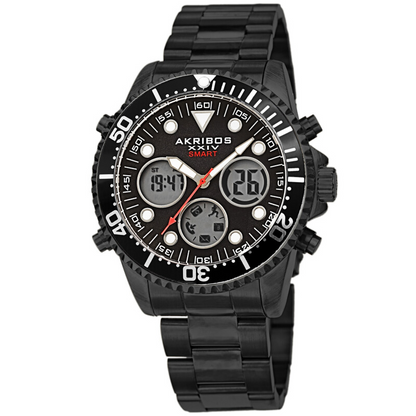 Akribos XXIV Ion Plated Black SMART Diver Watch, with Black Bezel, on a Stainless Steel Black Bracelet