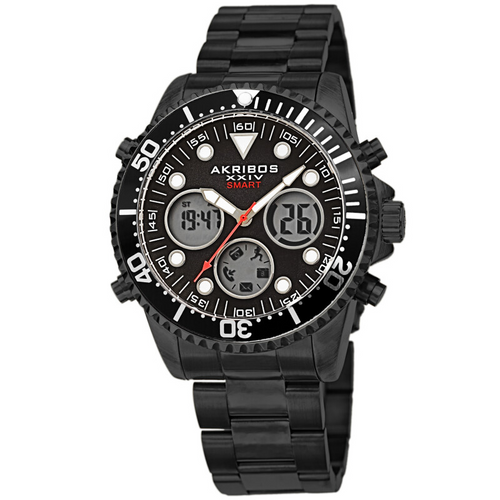 Akribos XXIV Ion Plated Black SMART Diver Watch, with Black Bezel, on a Stainless Steel Black Bracelet