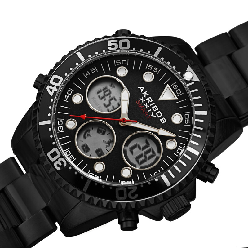 Akribos XXIV Ion Plated Black SMART Diver Watch, with Black Bezel, on a Stainless Steel Black Bracelet