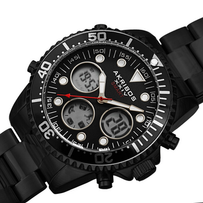 Akribos XXIV Ion Plated Black SMART Diver Watch, with Black Bezel, on a Stainless Steel Black Bracelet