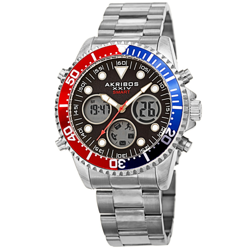 Akribos XXIV Ion Plated Silver Tone SMART Diver Watch, with Black Bezel and Dial, on a Stainless Steel Silver Bracelet