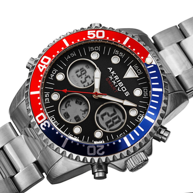 Akribos XXIV Ion Plated Silver Tone SMART Diver Watch, with Black Bezel and Dial, on a Stainless Steel Silver Bracelet