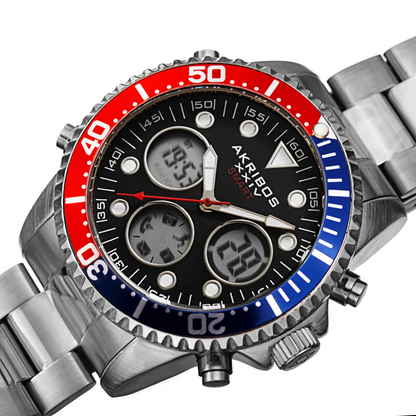 Akribos XXIV Ion Plated Silver Tone SMART Diver Watch, with Black Bezel and Dial, on a Stainless Steel Silver Bracelet