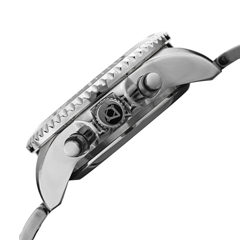 Akribos XXIV Ion Plated Silver Tone SMART Diver Watch, with Black Bezel and Dial, on a Stainless Steel Silver Bracelet