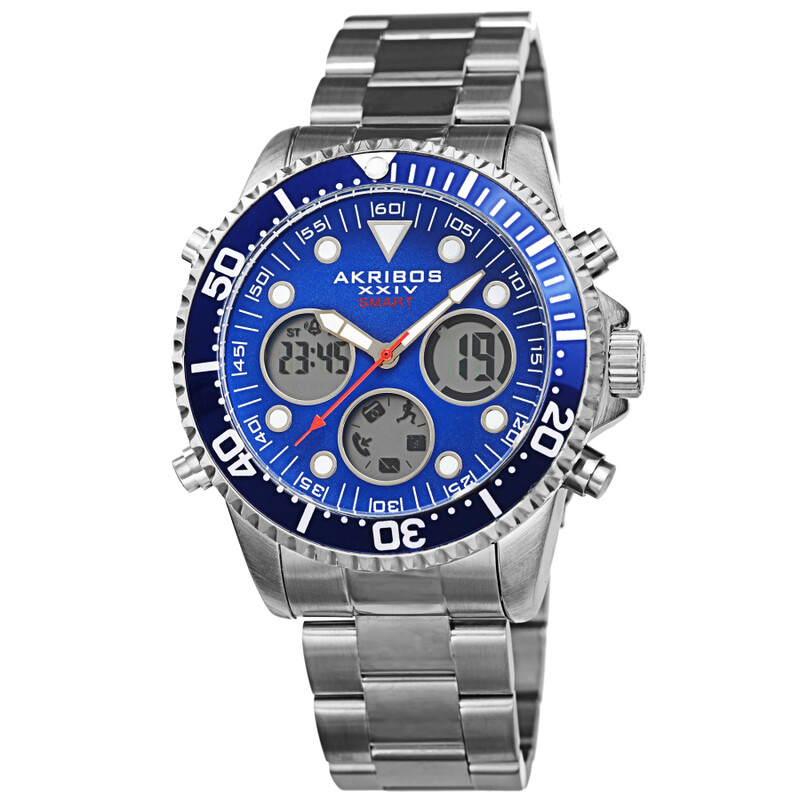 Akribos XXIV Ion Plated Silver Tone SMART Diver Watch, with Blue Bezel and Dial, on a Stainless Steel Silver Bracelet