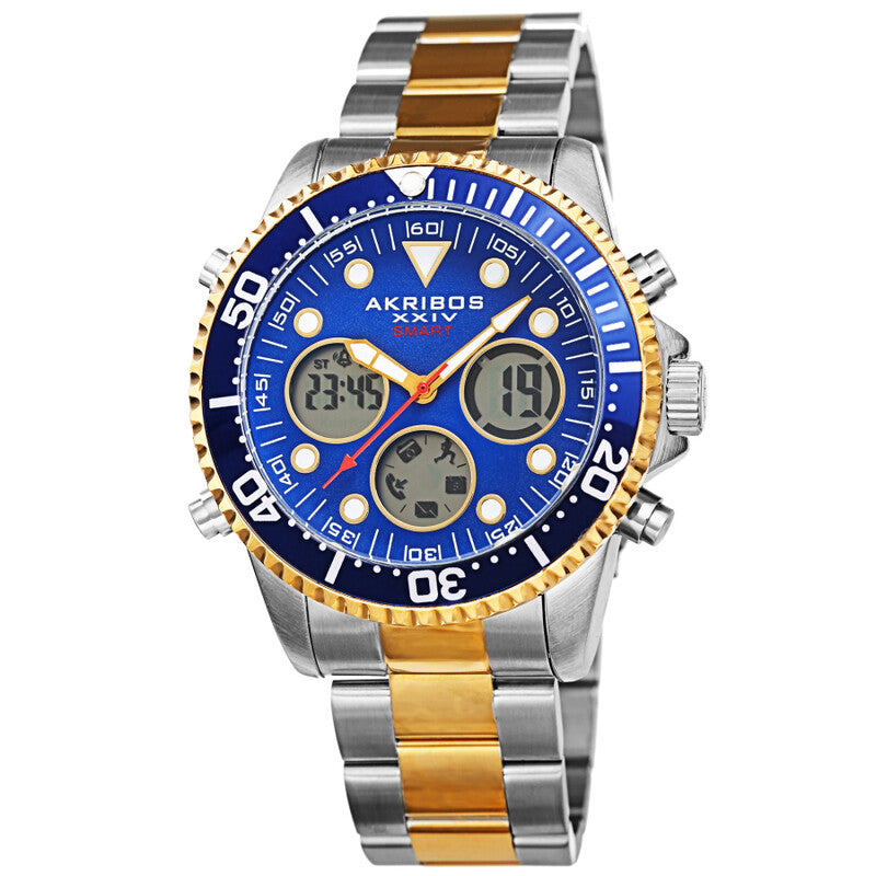 Akribos XXIV Ion Plated Two Tone Gold and Silver SMART Diver Watch, with Blue Bezel and Dial, on a Two Tone Stainless Steel Silver Bracelet