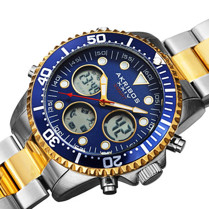 Akribos XXIV Ion Plated Two Tone Gold and Silver SMART Diver Watch, with Blue Bezel and Dial, on a Two Tone Stainless Steel Silver Bracelet