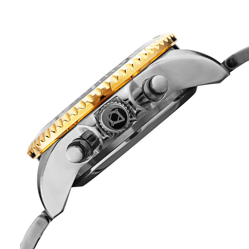 Akribos XXIV Ion Plated Two Tone Gold and Silver SMART Diver Watch, with Blue Bezel and Dial, on a Two Tone Stainless Steel Silver Bracelet