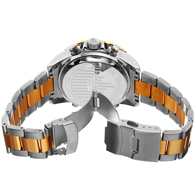 Akribos XXIV Ion Plated Two Tone Gold and Silver SMART Diver Watch, with Blue Bezel and Dial, on a Two Tone Stainless Steel Silver Bracelet