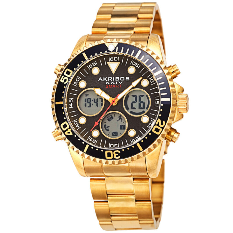 Akribos XXIV Ion Plated Gold Tone SMART Diver Watch, with Black Bezel and Dial, on Gold Tone Stainless Steel Silver Bracelet