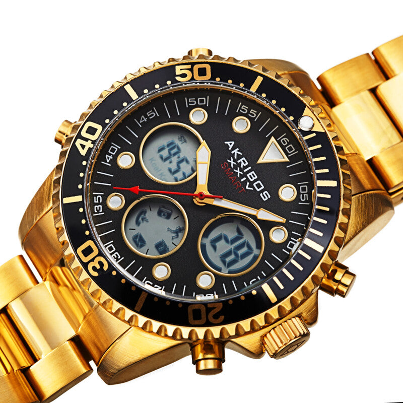 Akribos XXIV Ion Plated Gold Tone SMART Diver Watch, with Black Bezel and Dial, on Gold Tone Stainless Steel Silver Bracelet