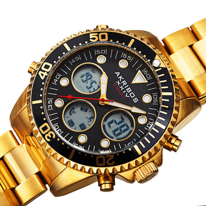 Akribos XXIV Ion Plated Gold Tone SMART Diver Watch, with Black Bezel and Dial, on Gold Tone Stainless Steel Silver Bracelet