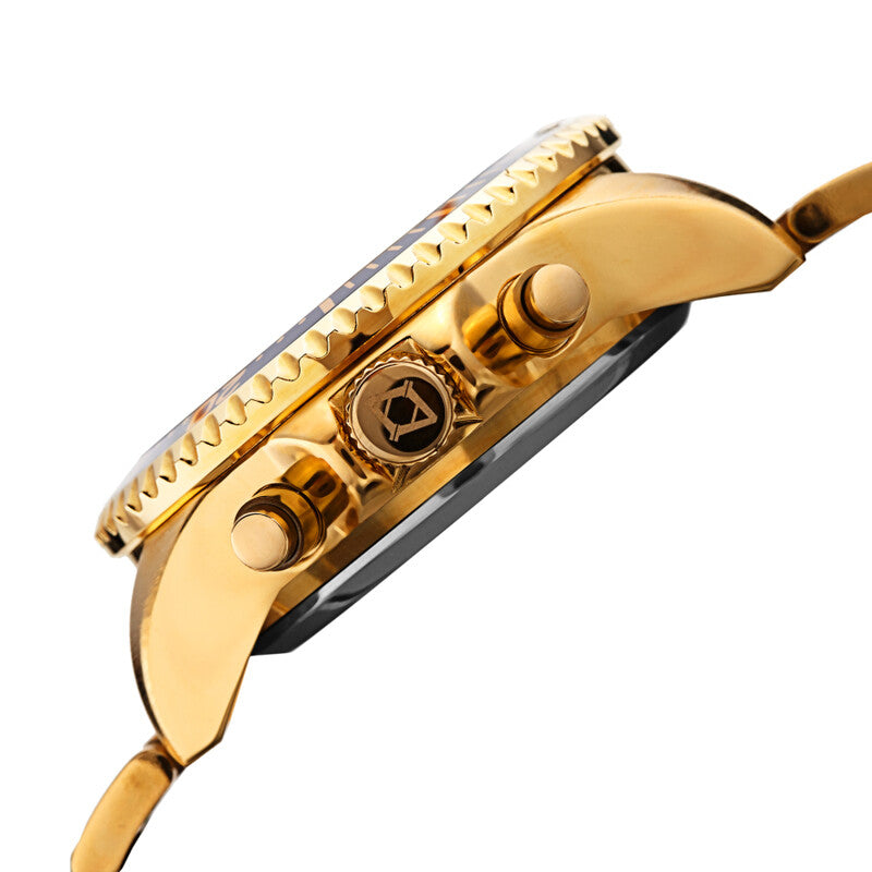 Akribos XXIV Ion Plated Gold Tone SMART Diver Watch, with Black Bezel and Dial, on Gold Tone Stainless Steel Silver Bracelet