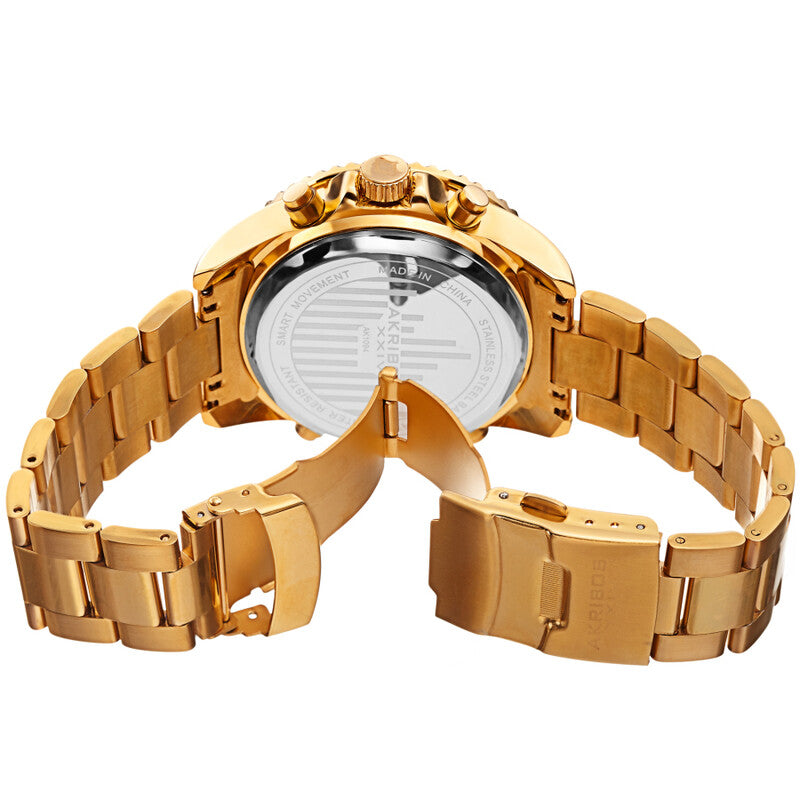 Akribos XXIV Ion Plated Gold Tone SMART Diver Watch, with Black Bezel and Dial, on Gold Tone Stainless Steel Silver Bracelet