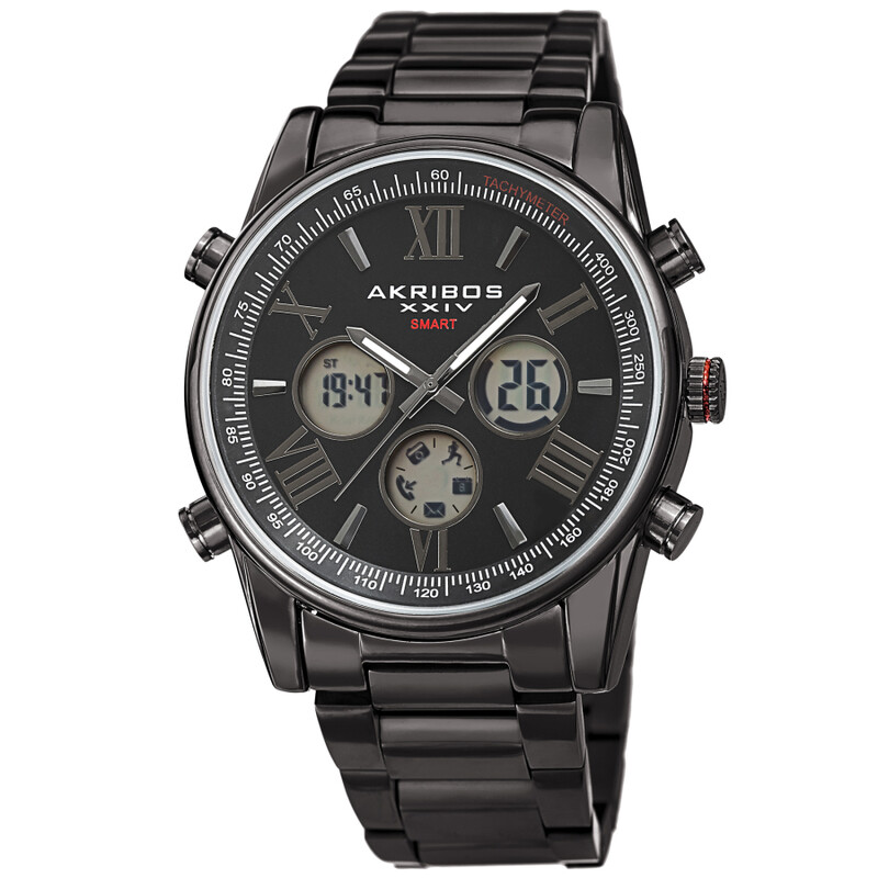 Akribos XXIV Ion Plated Black SMART Watch, with Black Dial, on a Black Plated Stainless Steel Link Bracelet