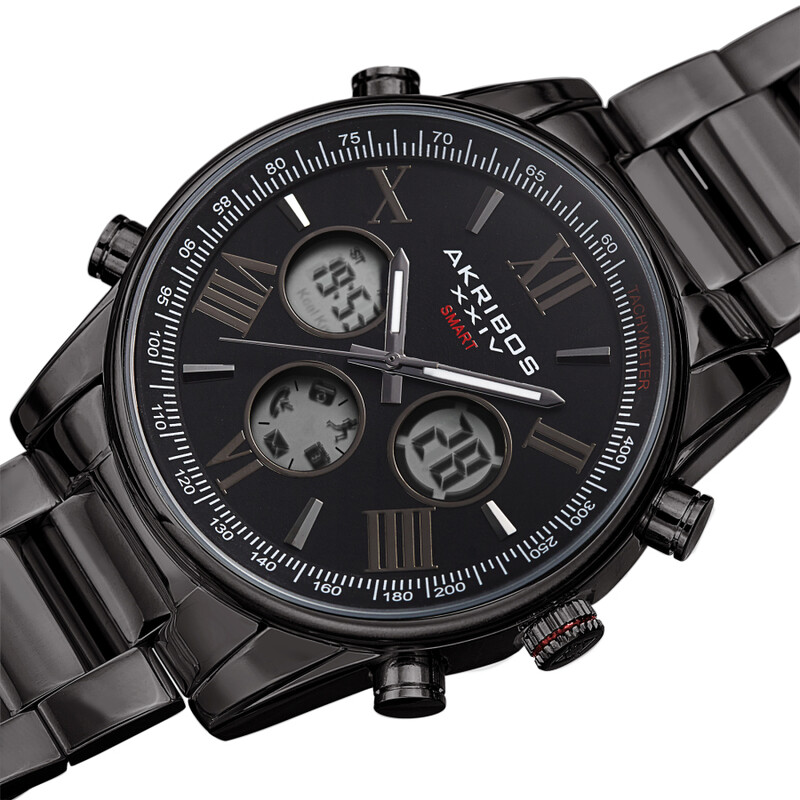 Akribos XXIV Ion Plated Black SMART Watch, with Black Dial, on a Black Plated Stainless Steel Link Bracelet