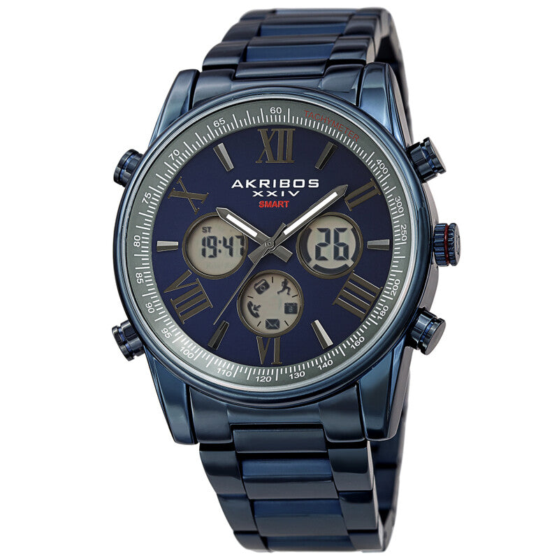 Akribos XXIV Ion Plated Blue SMART Watch, with Blue Dial, on a Blue Plated Stainless Steel Link Bracelet