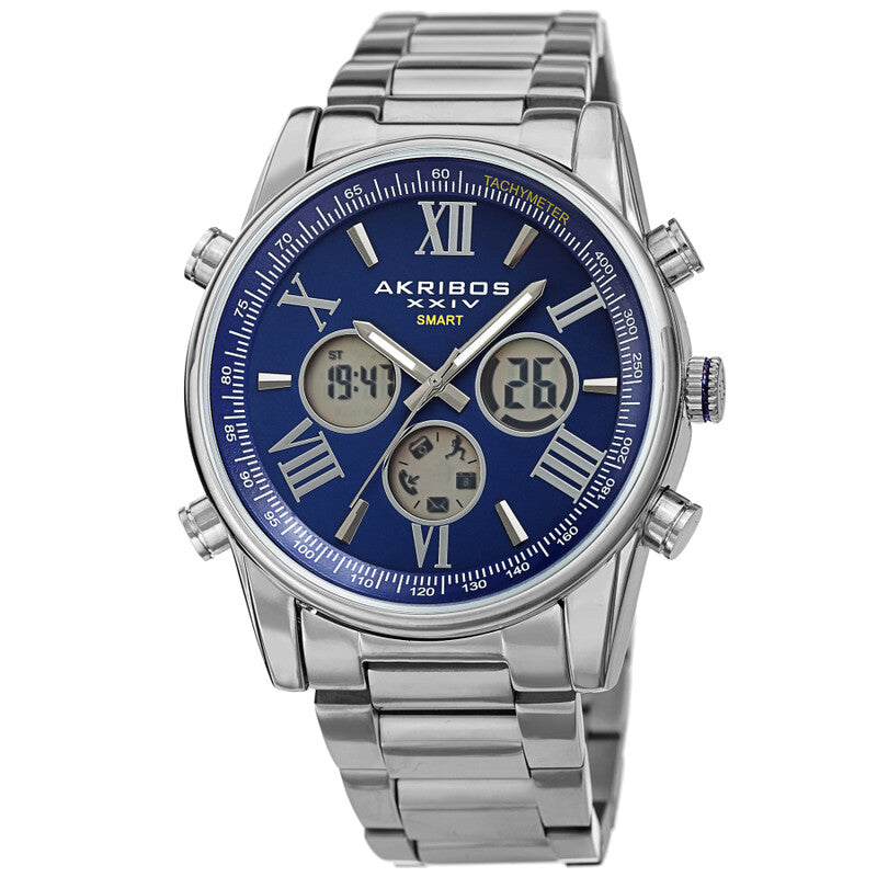 Akribos XXIV Ion Plated Silver Tone SMART Watch, with Blue Dial, on a Silver Tone Stainless Steel Link Bracelet