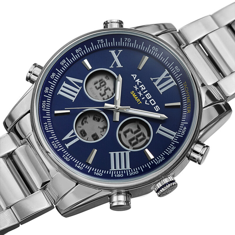Akribos XXIV Ion Plated Silver Tone SMART Watch, with Blue Dial, on a Silver Tone Stainless Steel Link Bracelet
