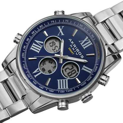 Akribos XXIV Ion Plated Silver Tone SMART Watch, with Blue Dial, on a Silver Tone Stainless Steel Link Bracelet
