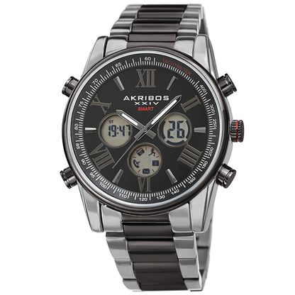 Akribos XXIV Ion Plated Two Tone Black and Silver SMART Watch, with Black Dial, on a Two Tone Stainless Steel Link Bracelet