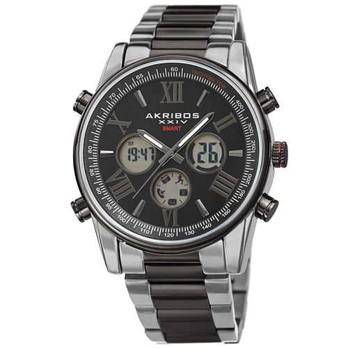 Akribos XXIV Ion Plated Two Tone Black and Silver SMART Watch, with Black Dial, on a Two Tone Stainless Steel Link Bracelet