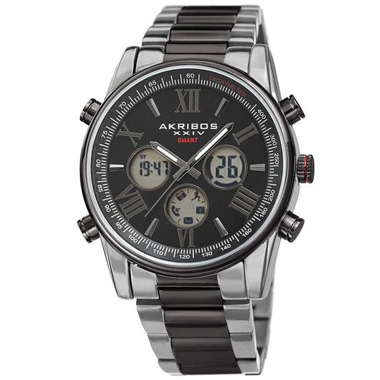Akribos XXIV Ion Plated Two Tone Black and Silver SMART Watch, with Black Dial, on a Two Tone Stainless Steel Link Bracelet