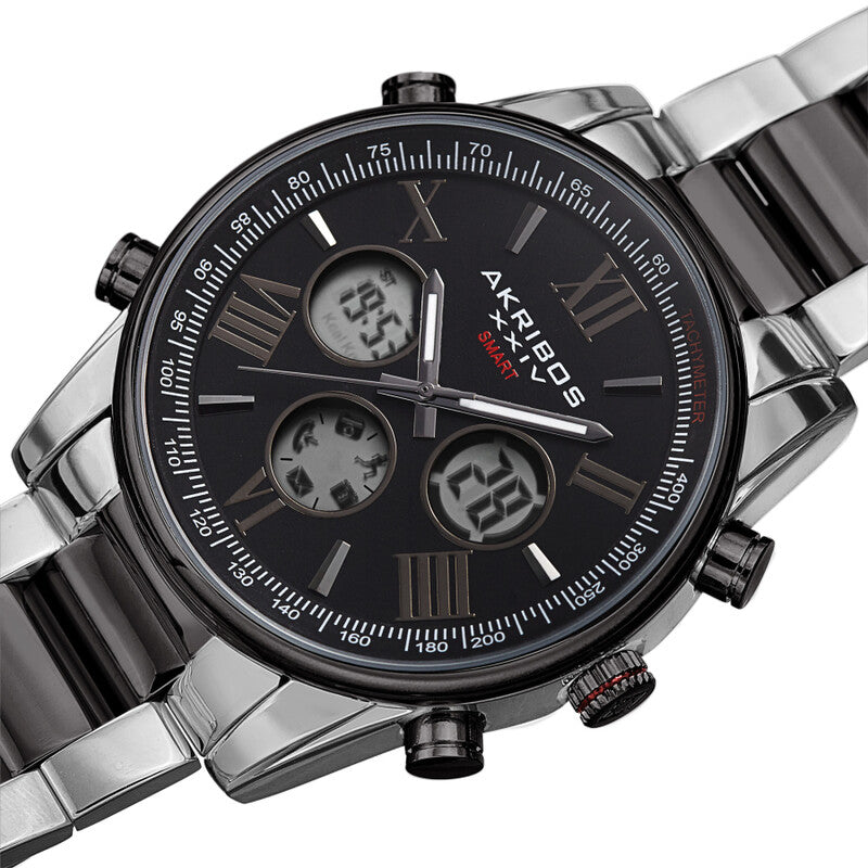 Akribos XXIV Ion Plated Two Tone Black and Silver SMART Watch, with Black Dial, on a Two Tone Stainless Steel Link Bracelet