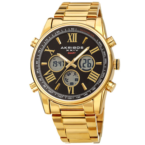 Akribos XXIV Ion Plated Gold Tone SMART Watch, with Black Dial, on a Gold Stainless Steel Link Bracelet