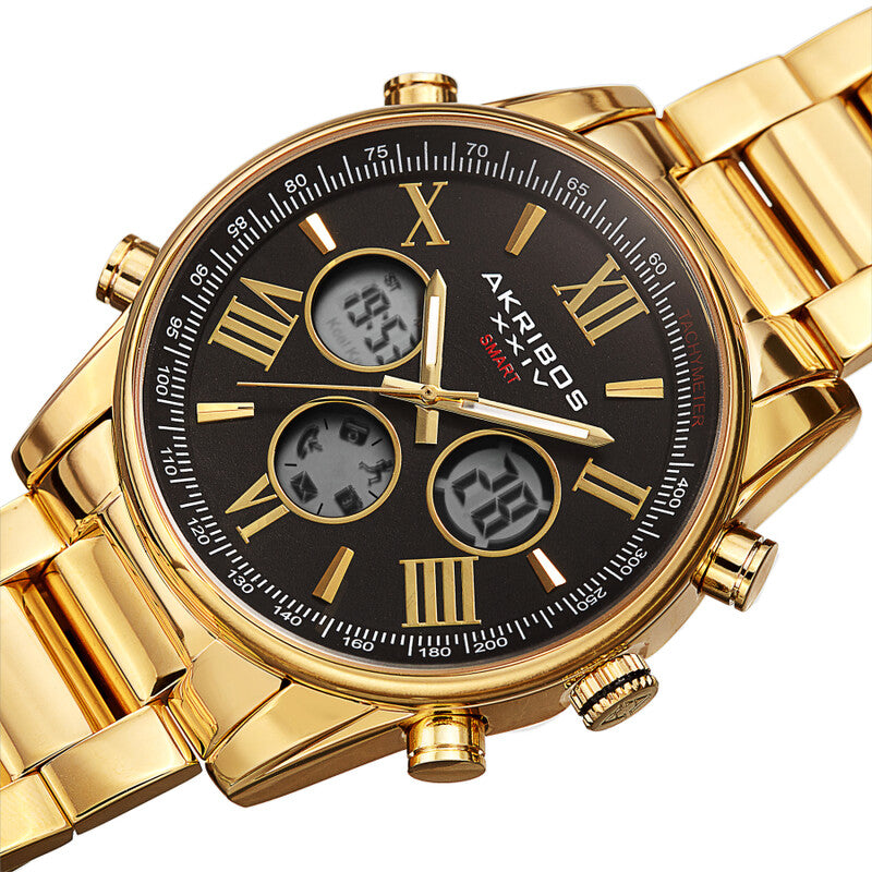 Akribos XXIV Ion Plated Gold Tone SMART Watch, with Black Dial, on a Gold Stainless Steel Link Bracelet