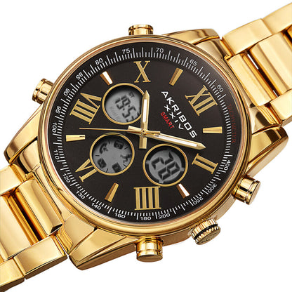 Akribos XXIV Ion Plated Gold Tone SMART Watch, with Black Dial, on a Gold Stainless Steel Link Bracelet