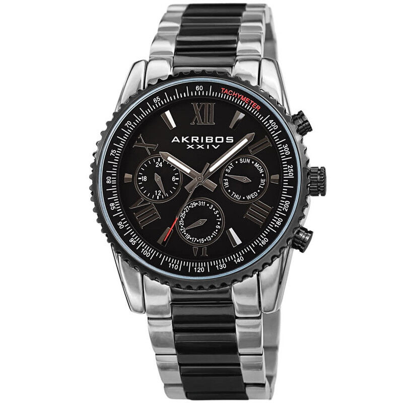 Akribos XXIV Two Tone Silver and Black Ion Plated Case with Grooved Bezel, Black Dial, on Two Tone Silver and Black Plated Bracelet