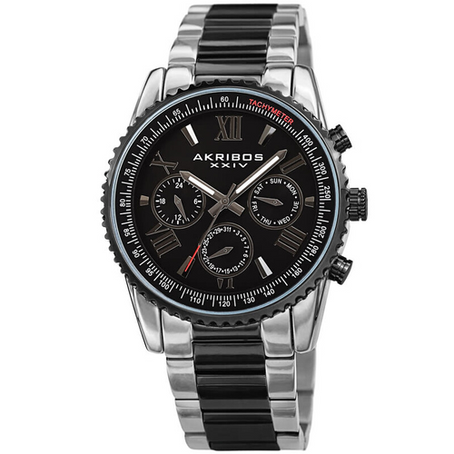 Akribos XXIV Two Tone Silver and Black Ion Plated Case with Grooved Bezel, Black Dial, on Two Tone Silver and Black Plated Bracelet