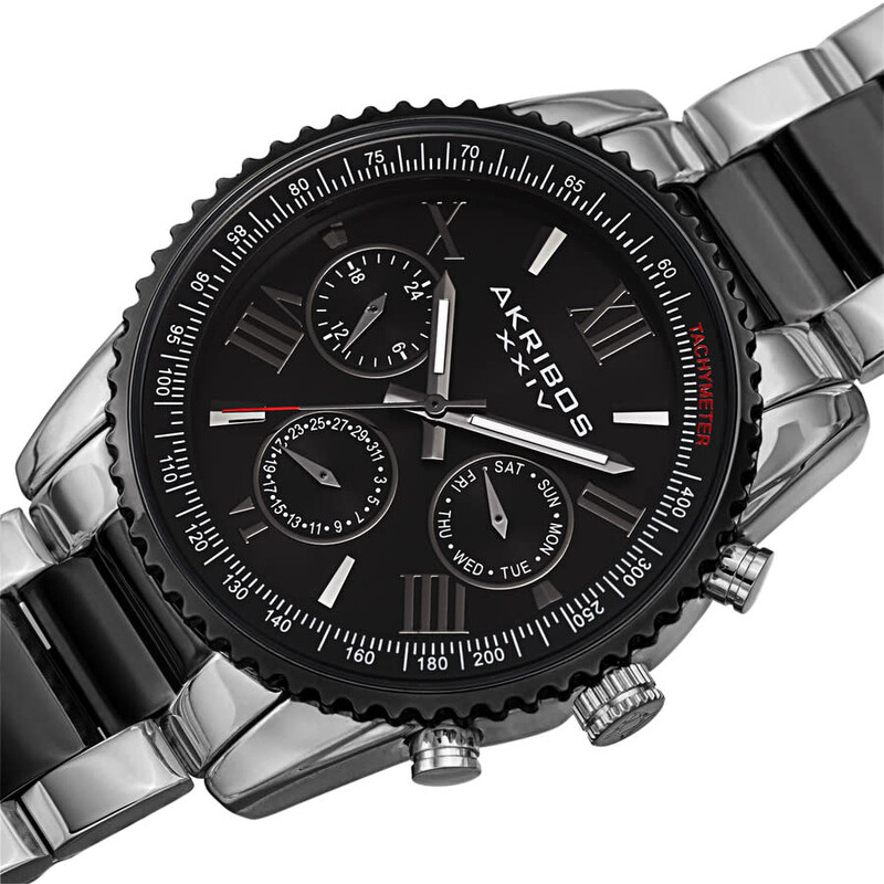 Akribos XXIV Two Tone Silver and Black Ion Plated Case with Grooved Bezel, Black Dial, on Two Tone Silver and Black Plated Bracelet