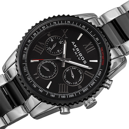 Akribos XXIV Two Tone Silver and Black Ion Plated Case with Grooved Bezel, Black Dial, on Two Tone Silver and Black Plated Bracelet
