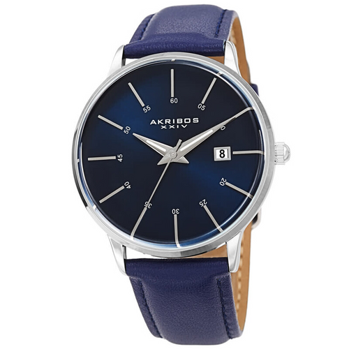 Akribos XXIV Ion Plated Silver Tone Case, Blue Dial, with Three Interchangeable Straps - In Blue, Black and Dark Brown
