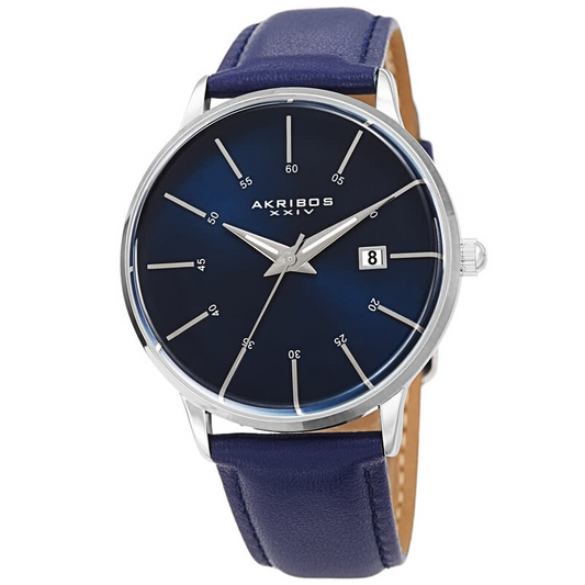 Akribos XXIV Ion Plated Silver Tone Case, Blue Dial, with Three Interchangeable Straps - In Blue, Black and Dark Brown