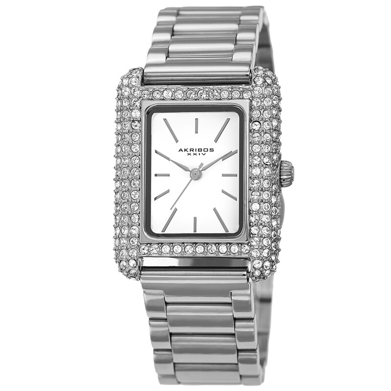 Akribos XXIV Silver Tone Ion Plated Tank Case with Swarovski Crystals, White Dial, on a Silver Tone Solid Stainless Steel Link Bracelet
