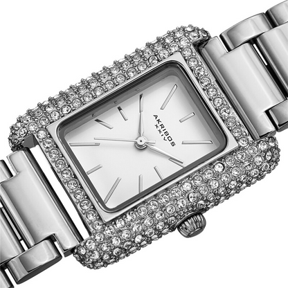 Akribos XXIV Silver Tone Ion Plated Tank Case with Swarovski Crystals, White Dial, on a Silver Tone Solid Stainless Steel Link Bracelet