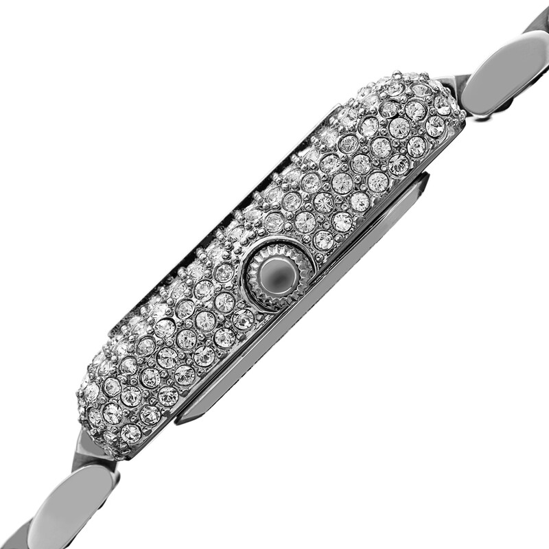 Akribos XXIV Silver Tone Ion Plated Tank Case with Swarovski Crystals, White Dial, on a Silver Tone Solid Stainless Steel Link Bracelet