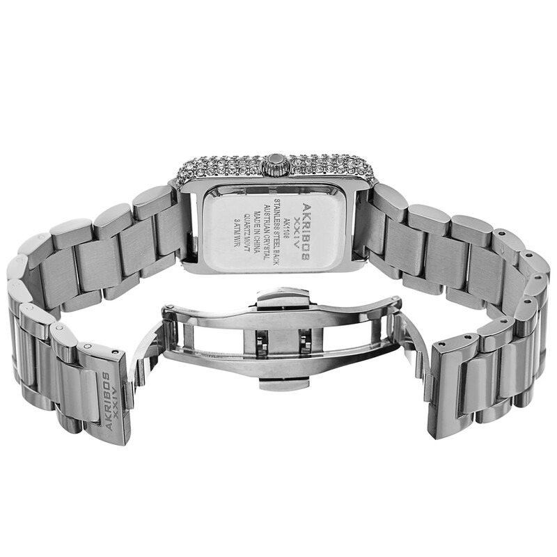 Akribos XXIV Silver Tone Ion Plated Tank Case with Swarovski Crystals, White Dial, on a Silver Tone Solid Stainless Steel Link Bracelet