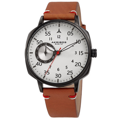 Akribos XXIV Ion Plated Black Tone Case, Full Luminous Dial, on a Brown Leather Strap with Contrast Stitch Feature