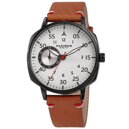 Akribos XXIV Ion Plated Black Tone Case, Full Luminous Dial, on a Brown Leather Strap with Contrast Stitch Feature